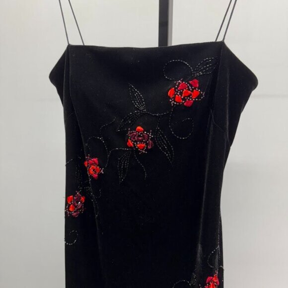 JS Botique Black Velvet Floral Applique Floor Length Gown - Picture 2 of 6